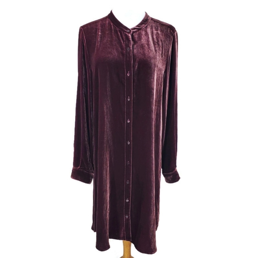 EILEEN FISHER VELVET MANDARIN COLLAR BURGUNDY Shirt Dress S/P - Picture 5 of 16